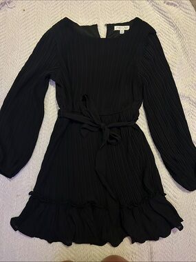 She + Sky Black Pleated Tie-Waist Ruffle Dress